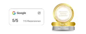 Google-Bewertung 5 von 5 Sternen bei 115 Rezensionen und Wedding Award Germany – Top 10 Trauredner